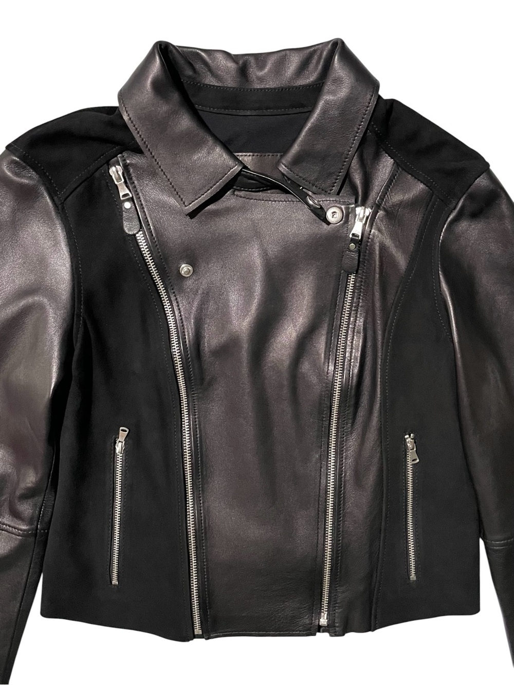 PAIGE Silvie Black Leather Suede Contrast Cropped Moto Jacket XS - Picture 6 of 12